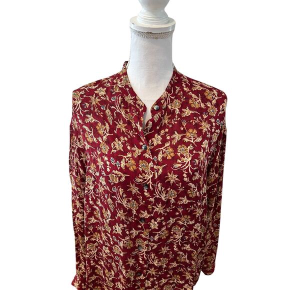 Vintage Anne Klein Maroon Silk Print Long Button Up Top M - Picture 3 of 6